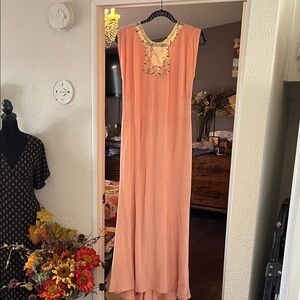 Peach vintage Maxi Dress with Embellished Neckline and back detailing 1920s